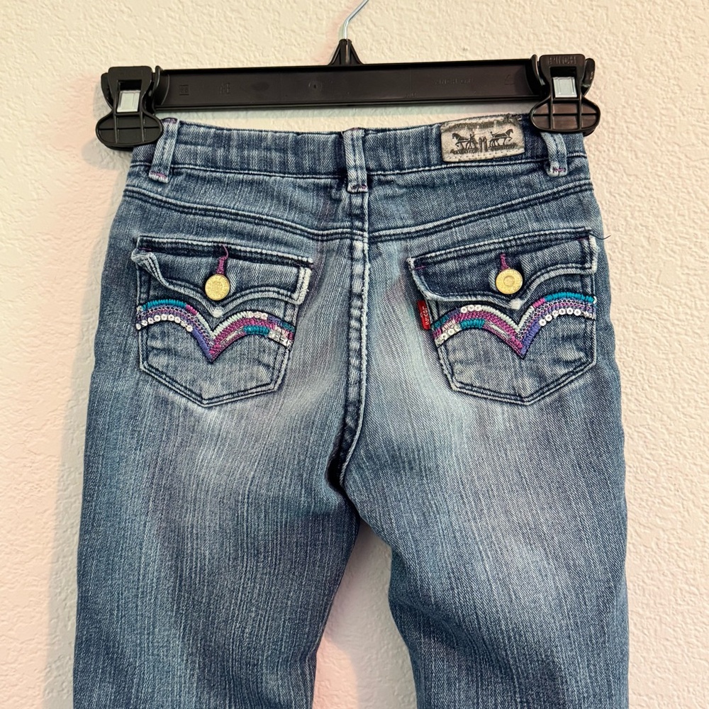 Levi's Blue Distressed Straight-Leg Jeans With Adjustable Waist and Embroidery. - Picture 8 of 13